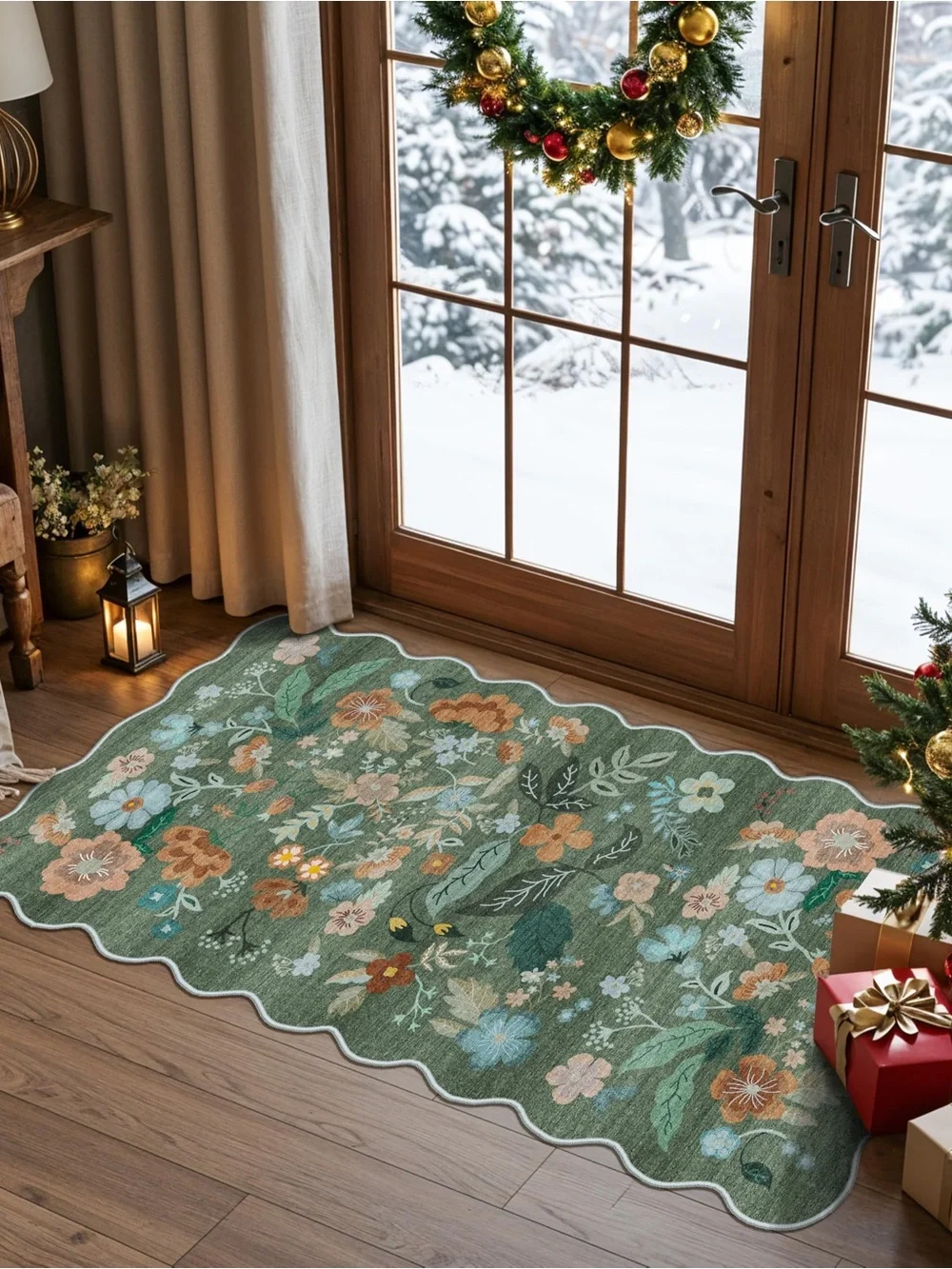 Green Floral Scalloped Holiday Rug - Home Holiday